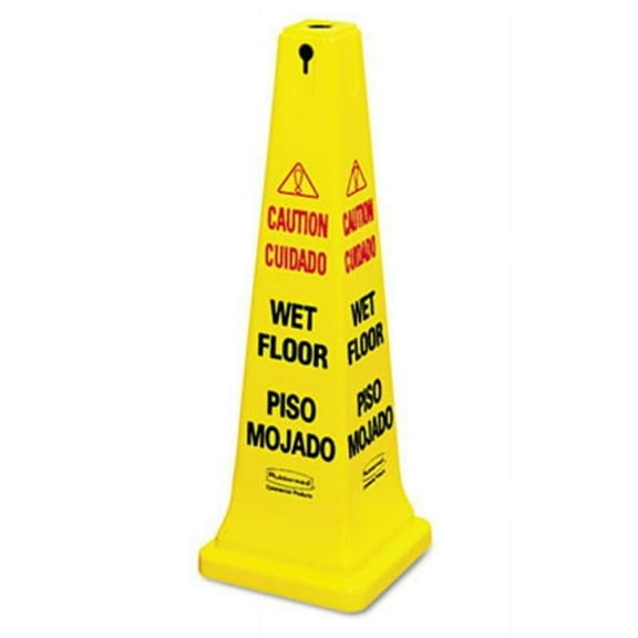 Rubbermaid Commercial  Four-Sided Caution- Wet Floor Yellow Safety Cone- 12-1/4 x 12-1/4 x 36h