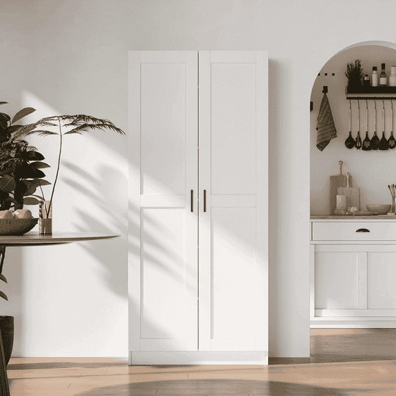 Fddevelop White Tall Wood Kitchen Pantry Cabinet with Doors and Adjustable Shelves 71”H