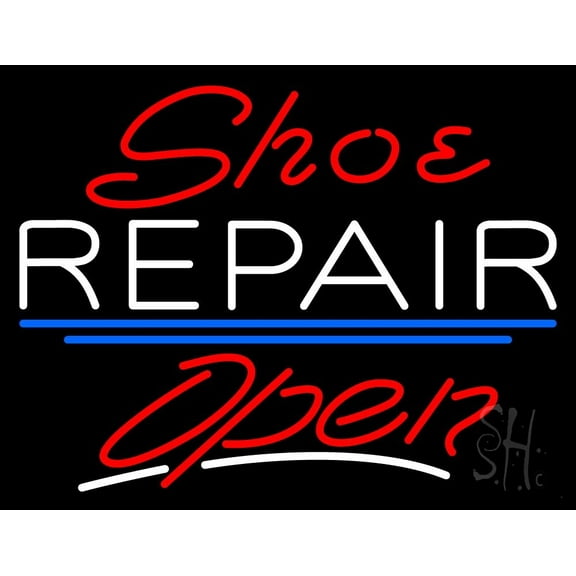 Red Shoe White Repair Open LED Neon Sign 15 x 19 - inches, Black Square Cut Acrylic Backing, with Dimmer - Bright and Premium built indoor LED Neon Sign for store interior Décor, Storefront.