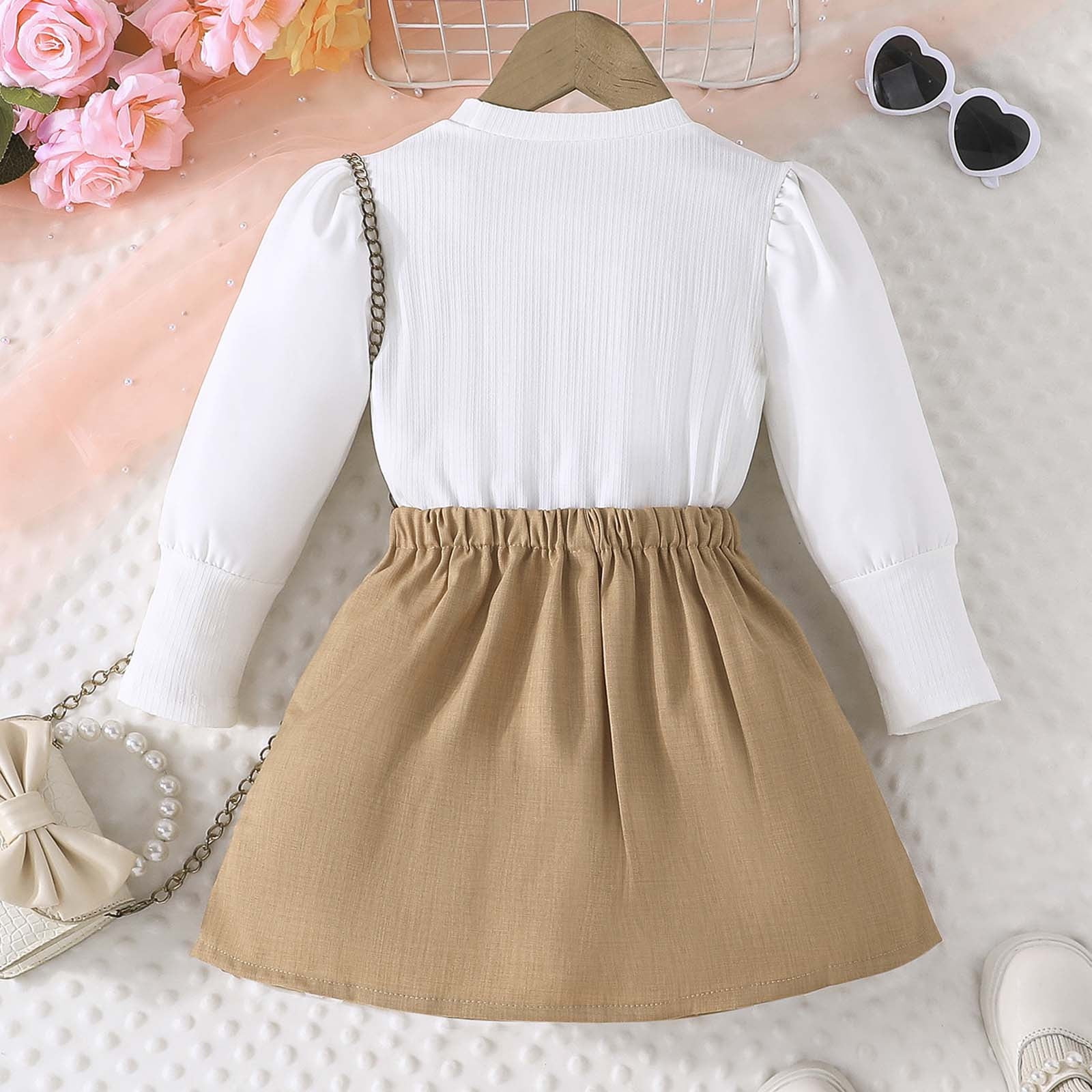 YWOAGH Ensemble De Vêtements Pour Filles Manches Longues Avec Nœud Imprimé Et Jupe Plissée Tenue Décontractée Pour L'École Automne Hiver Enfants Rose 4-5 Ans