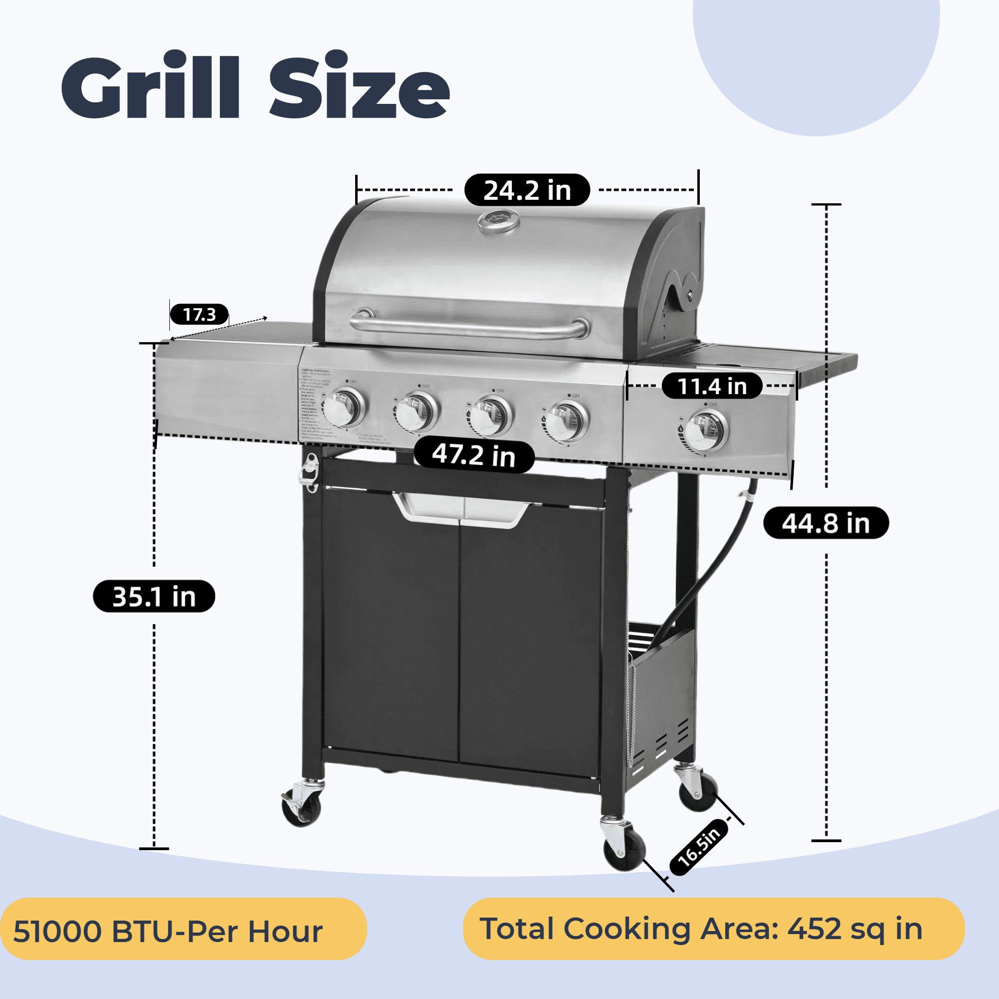 Propane Grill 4 Burner Barbecue Grill Stainless Steel Gas Grill with Side Burner for Outdoor BBQ, Camping