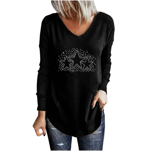 Camiseta de manga larga con cuello en V para mujer, blusa de lentejuelas brillantes, Tops tipo túnica Fridja FKASFK4577