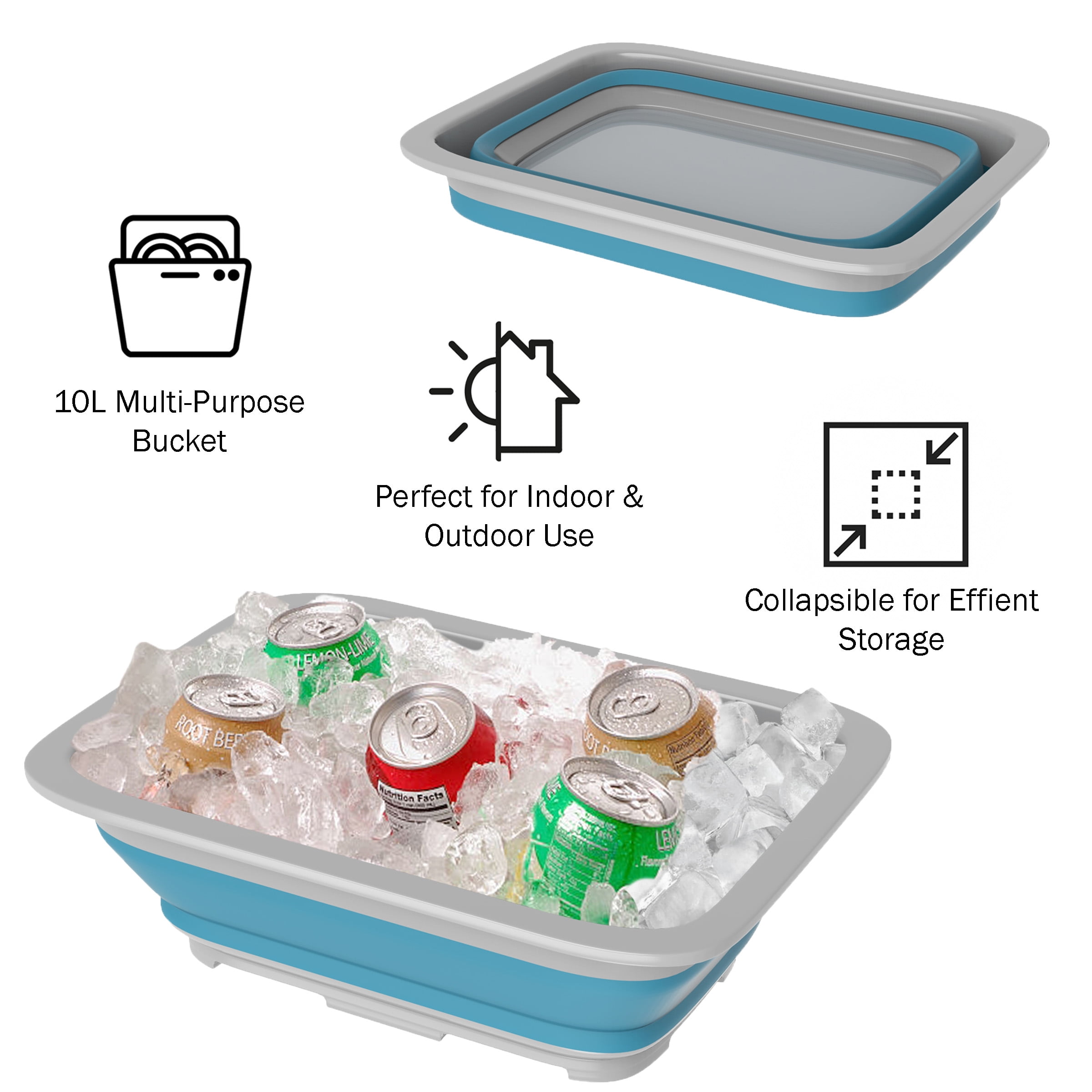 Collapsible Multiuse Wash Bin- Portable Wash Basin/Dish Tub/Ice Bucket with 10L Capacity (Blue)