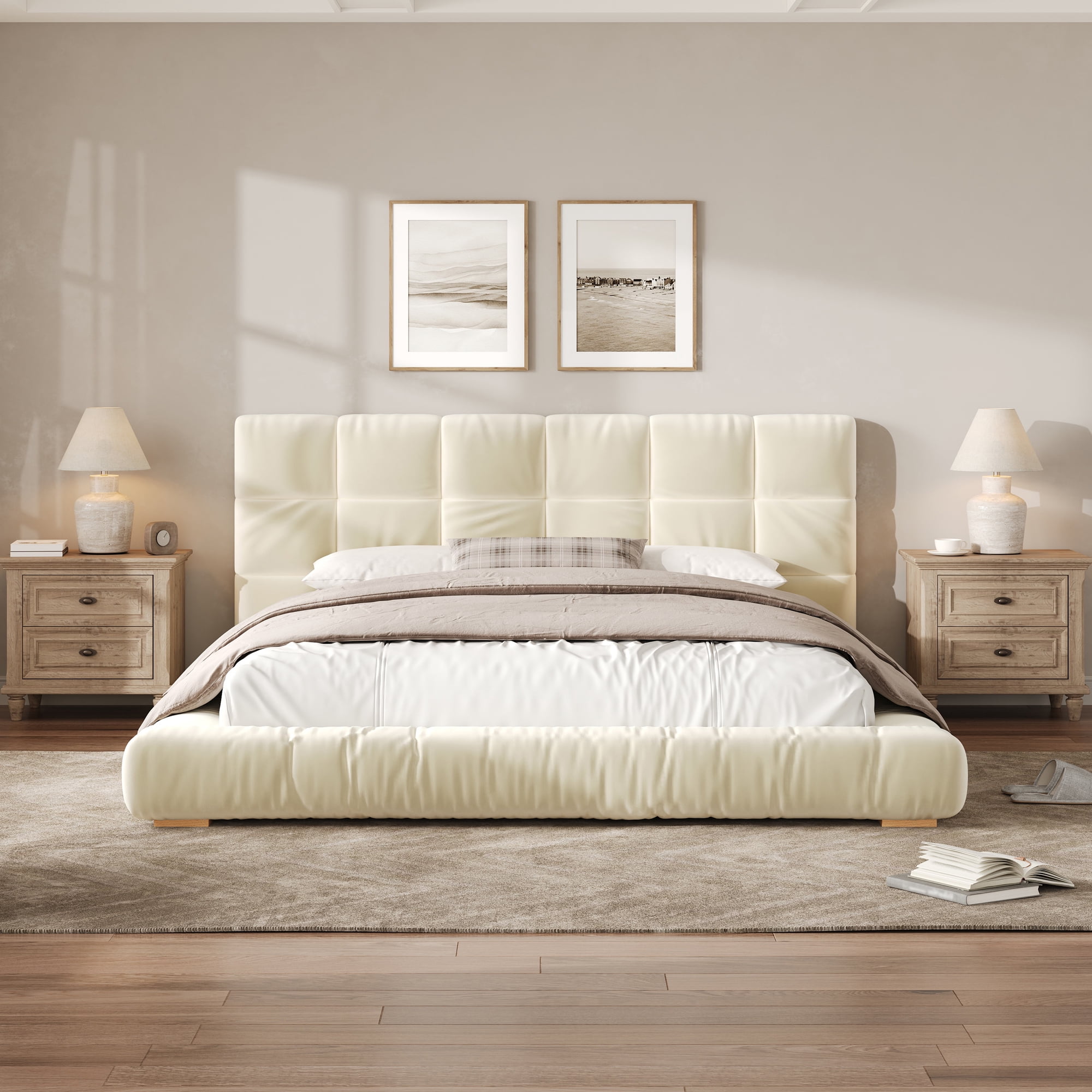 Euroco Velvet Upholstery Queen Size Platform Bed with Channel Tufted Headboard, Beige