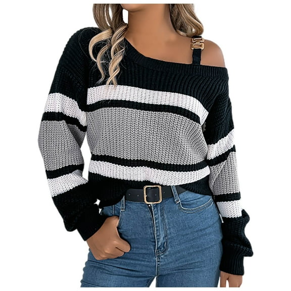 Cute Sweater Women Stripe Color Block Long Sleeve Metal Buckle Off Shoulder Knitted Warm Sweaters