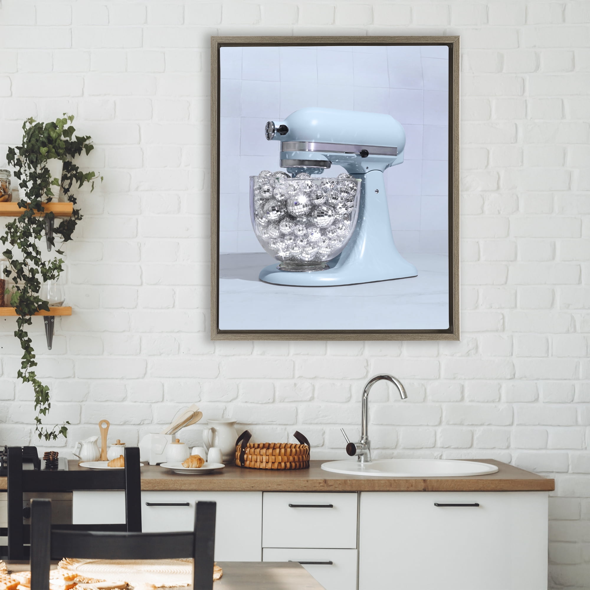 Stupell Industries Disco Kitchen Mixer over Blue Brown Framed Floater Canvas Wall Art, design by LISH Creative
