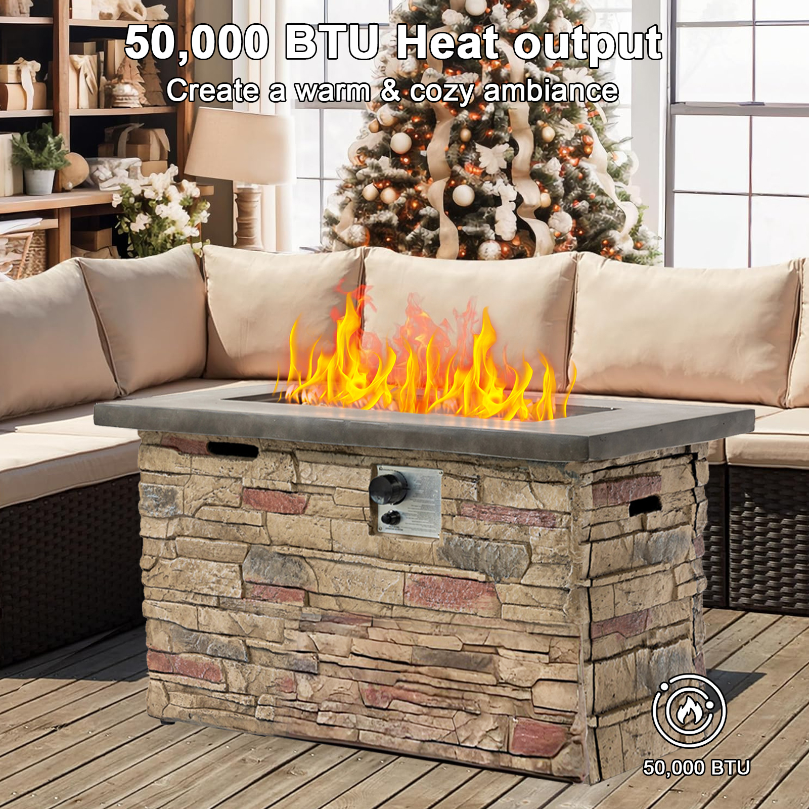 42" Propane Gas Fire Pit Table, 50000 BTU Rectangular Concrete Fire Pit for Outside Patio Deck Garden Backyard