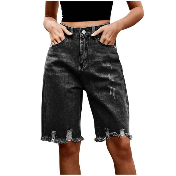 Jean Shorts Mujeres Casual Cintura Bolsillo Sólido Jeans Medio Shorts, Poliéster para la Calle de Primavera Verano Y el Uso Diario