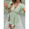 thumbnail image 3 of Green Women Summer Textured Lace V-Neck Short Sleeve Waisted A-Line Dress With Ruffle Sleeves, 3 of 6