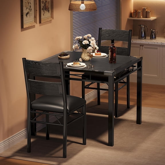 Dining Table Set for 2 with Corner Protector, Dining Room Table Set for 2 with Upholstered Chairs, Wood Kitchen Table Chairs Set of 2, for Kitchen, Apartment, Retro Black