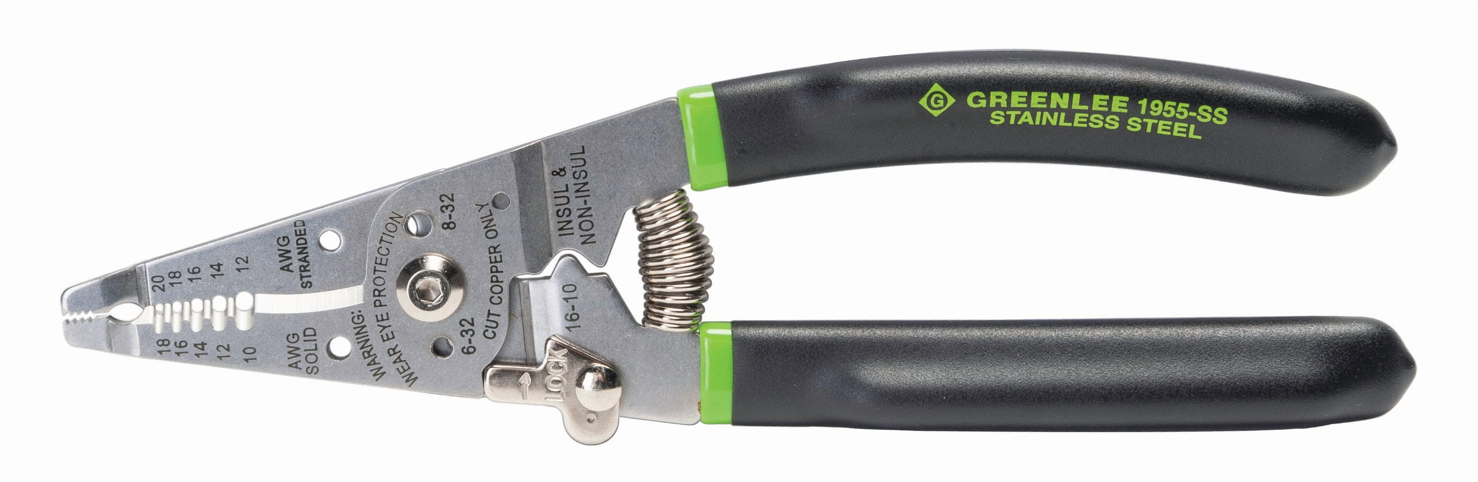 Greenlee 1955-SS Stainless Steel Wire Stripper for 10-18 AWG Solid and 12-20 AWG Stranded, Heavy-Duty Stripper, Cutter, and Crimper Tool