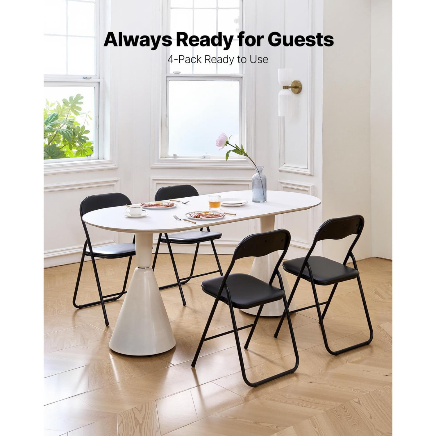 Folding Chairs Set of 4, Padded Leather Folding Chairs with Heavy-Duty Metal Frame, Portable Folding Chairs for Home, Parties, Events, Meeting Room, Black