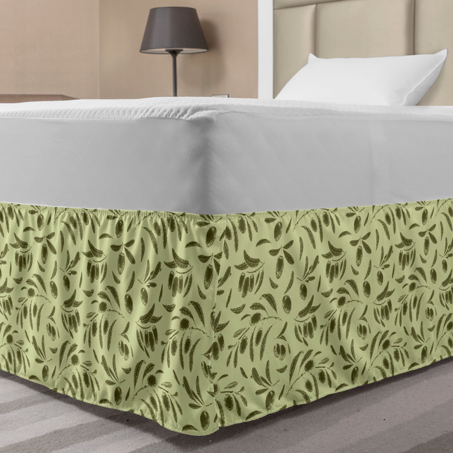 Botanical Bed Skirt, Retro Engraved Style Olive Branches and Leaves