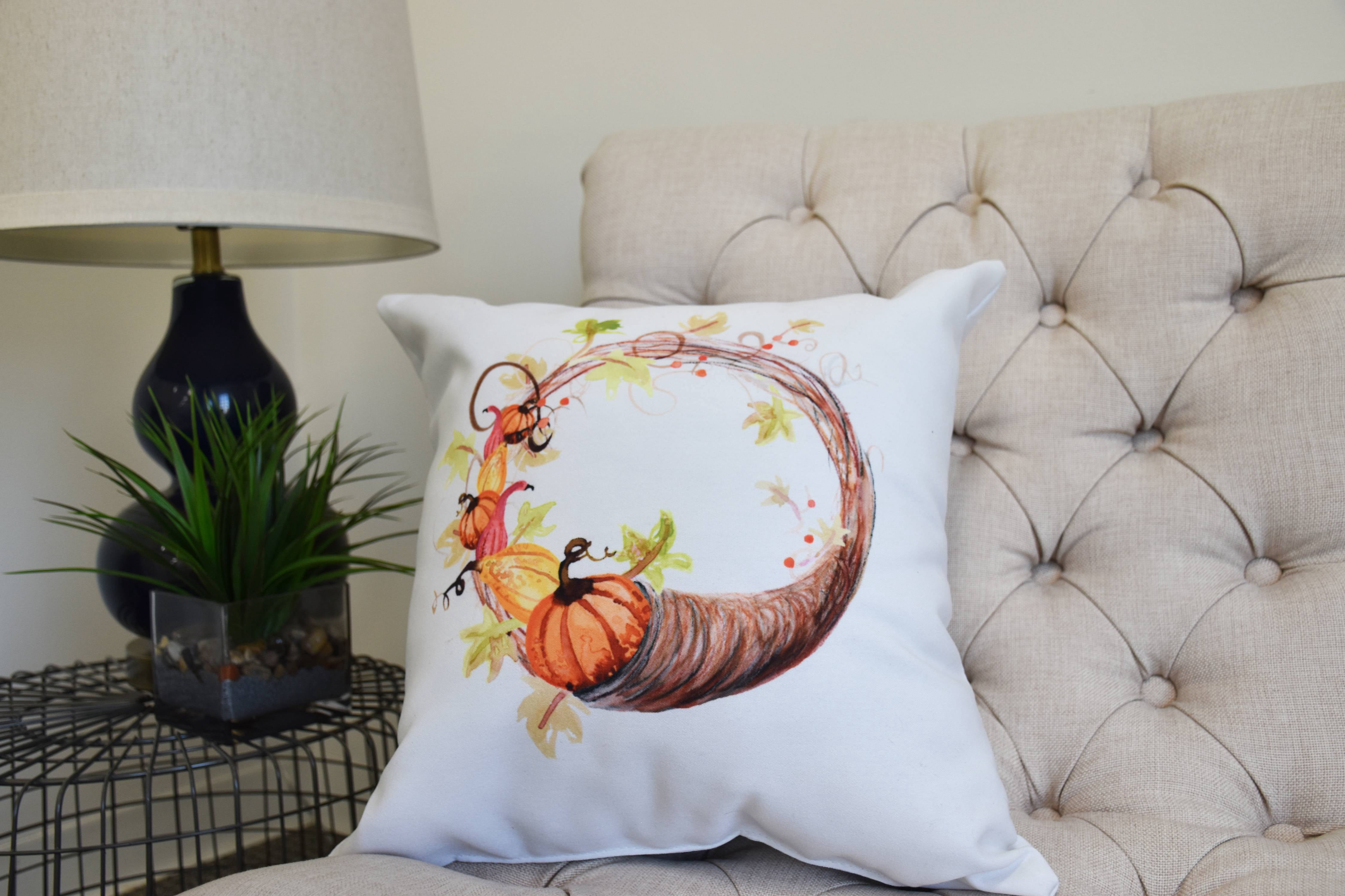 16 Inch Cornicopia Wreath Cream Fall Print Decorative Throw Pillow