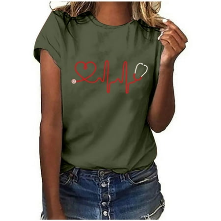 

kakina CMSX Oversized Shirts for Women Clearance Short Sleeves Print Nurse s Day Casual Tops Pullover Blouse T-shirt Cute Tops for Teens Army Green XL