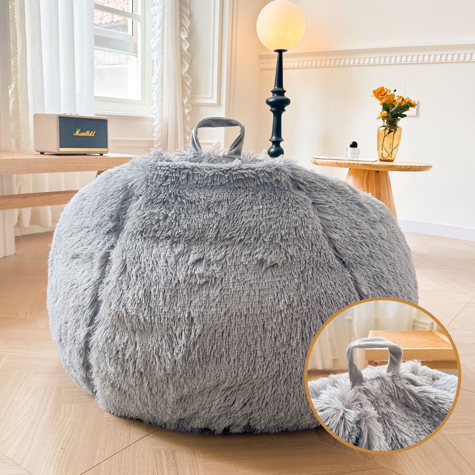 XeGe Fluffy Stuffed Animal Storage Bean Bag Cover(No Filler), Faux Fur Washable Ultra Soft Bean Bag Cover for Plush Toys or Textile,Plush Shaggy Large Beanbag for Adults Kids Teens, Light Grey