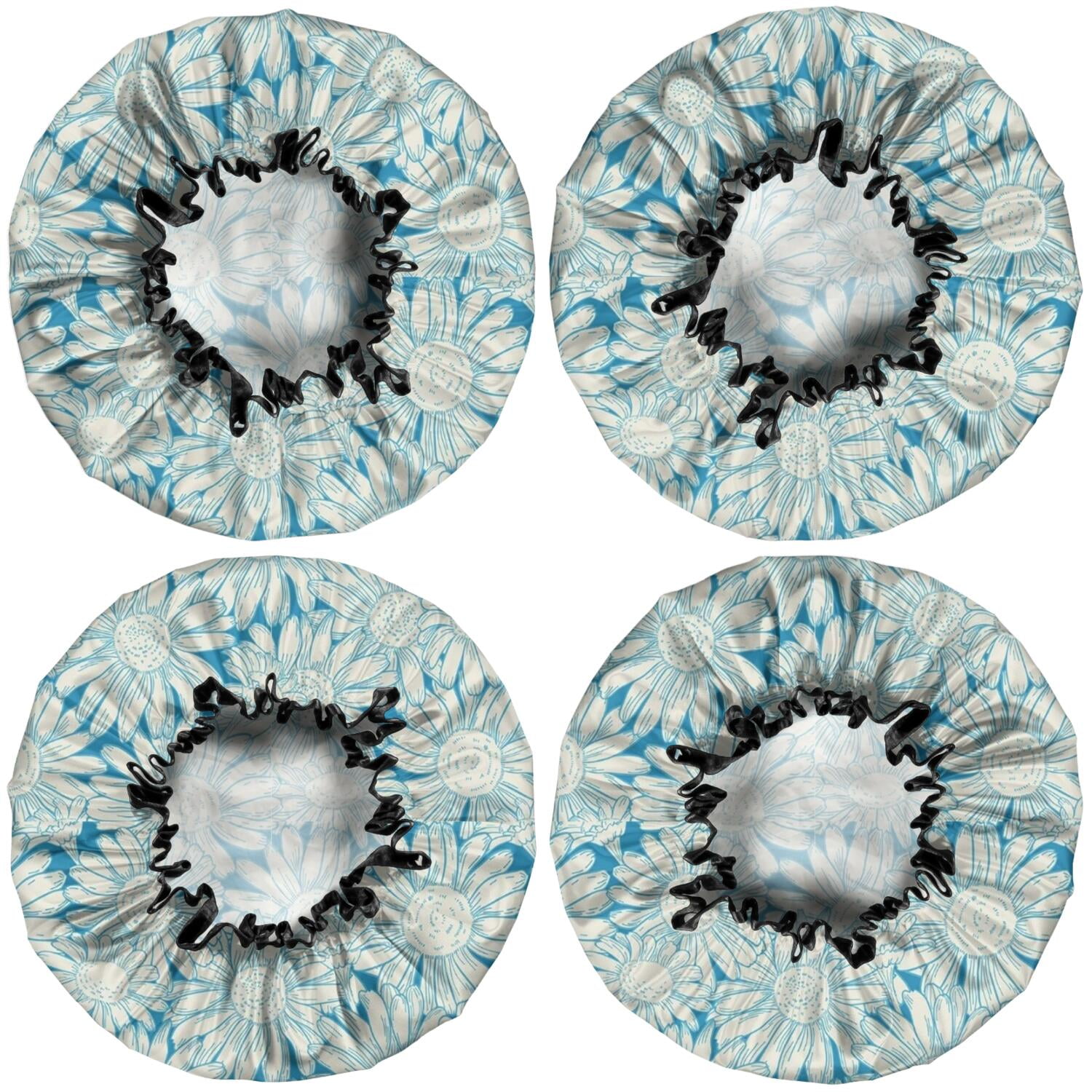Shower Caps,Daisy Flower Pattern Waterproof Shower Cap for Women 4 Pieces,Double Reusable Hair Cover for Shower PEVA Elastic Stretch Hem