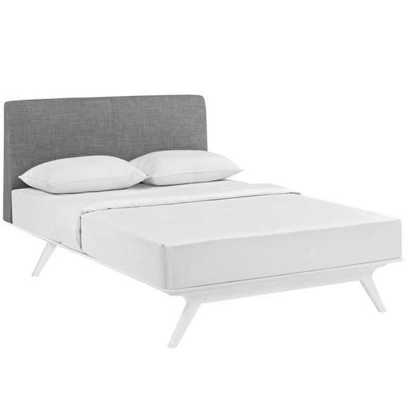 Modern Contemporary Urban Design Bedroom Full Size Platform Bed Frame, Grey White Gray, Fabric Wood