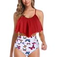 thumbnail image 1 of ZECATL Women High Waisted Bikini Ruffle Swimsuit Flounce Pom Pom Trim Two Piece Bathing Suit Red&white (L, 1 of 7