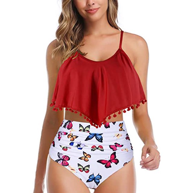 ZECATL Women High Waisted Bikini Ruffle Swimsuit Flounce Pom Pom Trim Two Piece Bathing Suit Red&white (L
