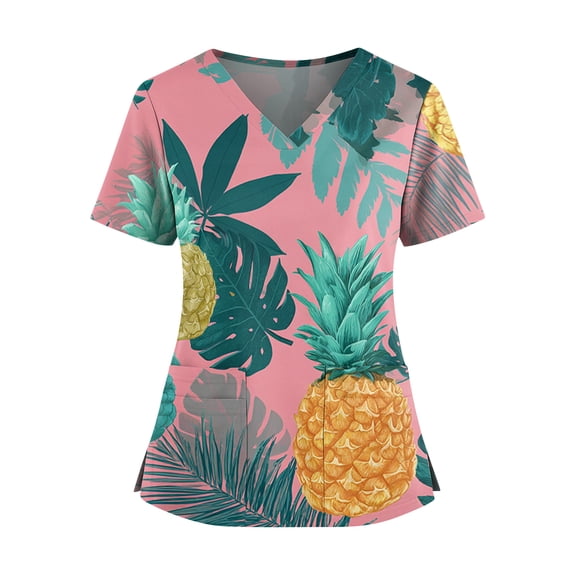 Dweltoz Womens Scrub Top V-Neck Short Sleeve Hawaii Medical Nurse Uniform T-Shirt Soft Stretch Casual Work Blouse with Four Pocket,Pink 4XL