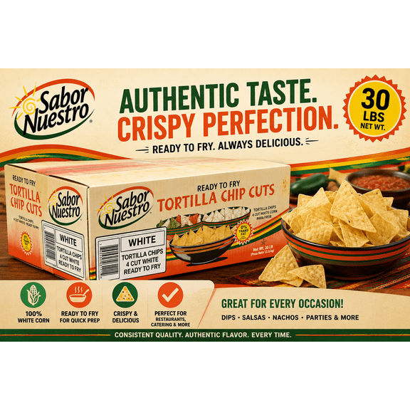 Sabor Nuestro Ready to Fry White Corn Tortilla Chip Cuts, Raw, 30 lb Bulk Case