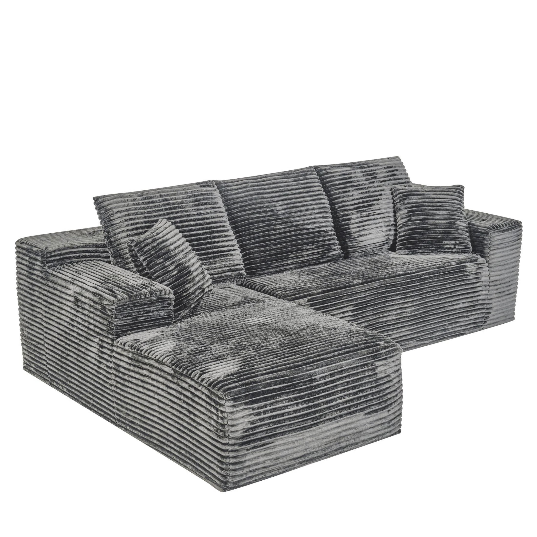 AISWORD 107.5" Corduroy Boneless L Shaped Modular Sectional Sofa with Left Facing Chaise, Deep Seat Compressed Couch with Throw Pillows, No Assembly Required, Gray