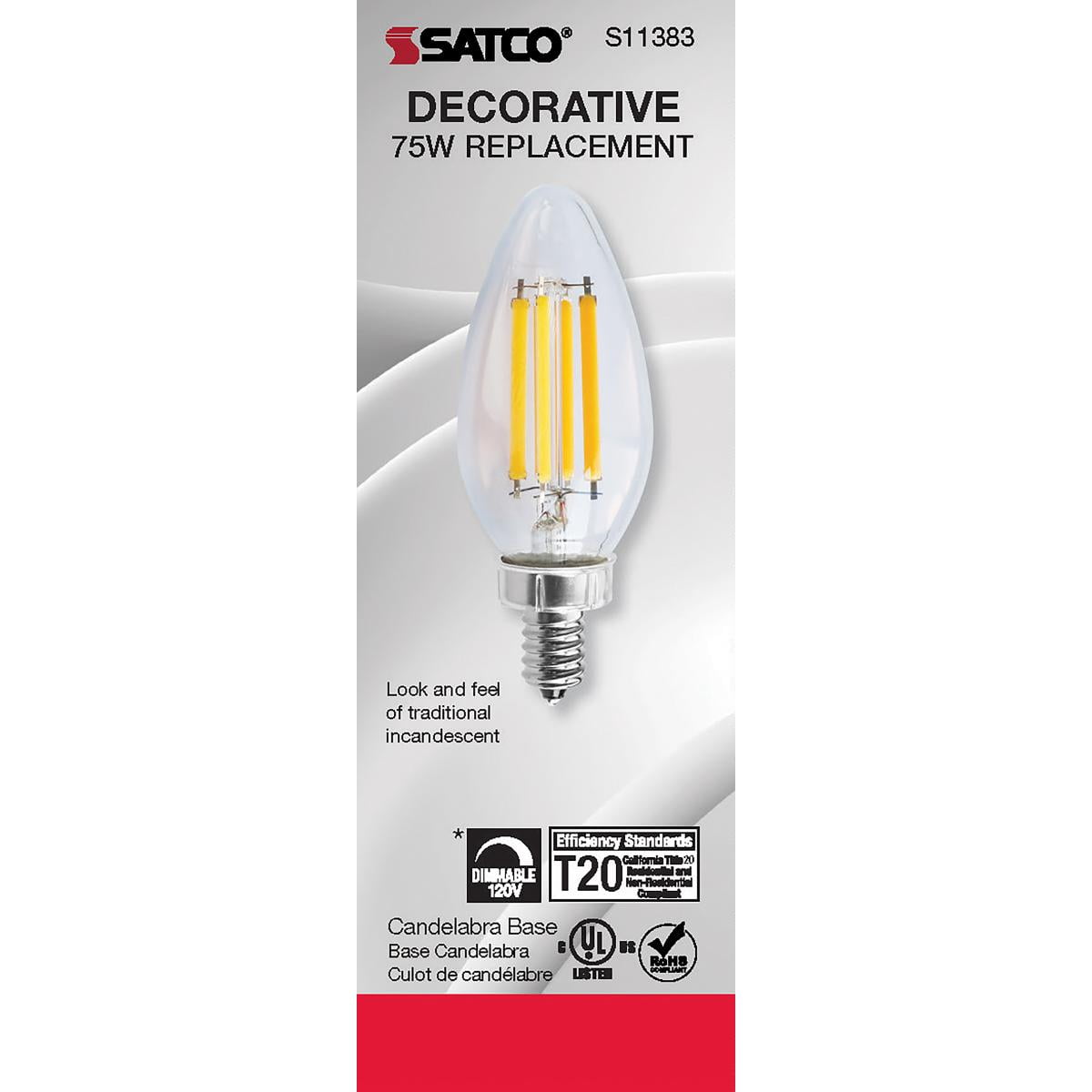 Satco S11383 C11 LED Filament Candle Light Bulbs 8W 120V 2700K Warm White Light E12 Candelabra Base Dimmable (6 Pack)