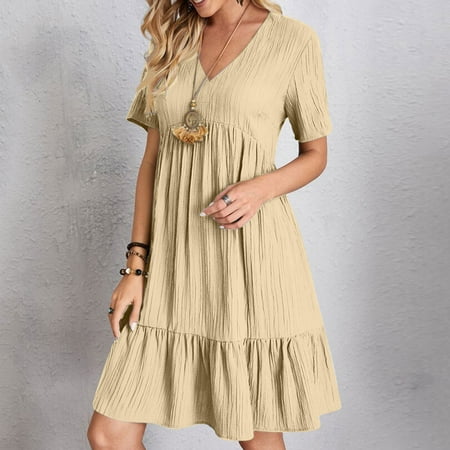 FDGIU 2025 Women s Casual Tiered Swing Midi Dress - Summer V-Neck Ruffle Sleeve A-Line with Pockets Boho Chic Style