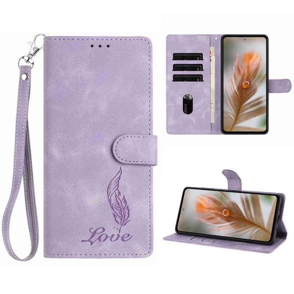 For Samsung Galaxy S23 Ultra Flip Phone Case,Feather Print Texture Embossing Design,Anti-Scratch PU Leather Flip Foldable Kickstand,With Card Slots,Wrist Strap,Shockproof Flip Wallet Case,Purple