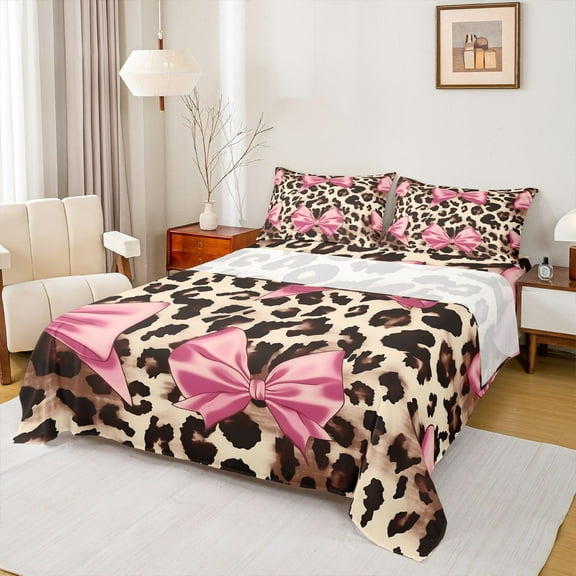 Homewish Cute Cartoon Bowtie Twin Sheet Sets,Cheetah Pattern Twin Fitted Sheet,Pink Brown Beige Flat Sheet For Girl Kids,Luxury Bedroom Decor,3 Pieces