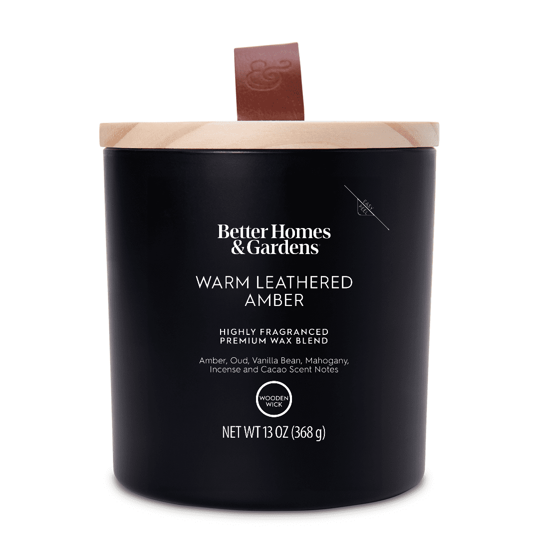 Better Homes & Gardens 13oz Warm Leathered Amber Scented Wooden Wick Jar Candle