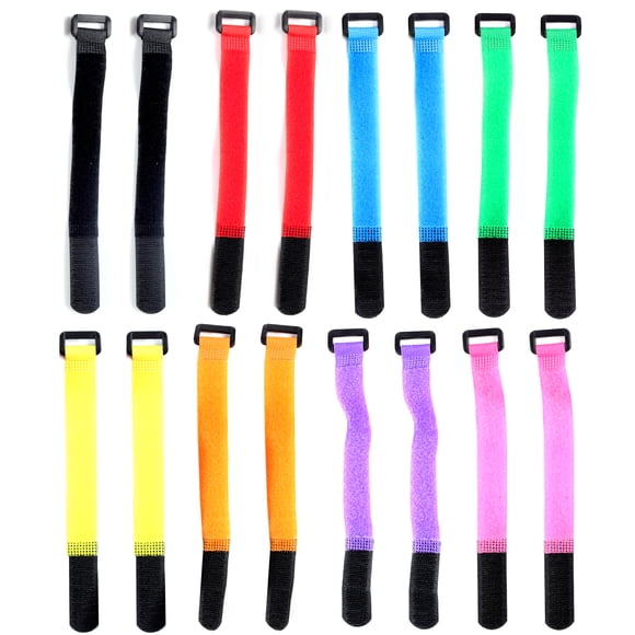 16-Piece Multi-Color Nylon Fishing Rod Straps with Strong Hook and Loop - Reusable Elastic for Organizing Fishing Poles, Golf Clubs, Flag Poles - Lightweight 20x2cm in 8 Colors (2 Each: Black, Red,