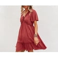 thumbnail image 5 of Mutural Summer Beach Dress Ladies Short Sleeve Solid Color Purfle Lace V Neck Mini Sundresses For Women Large Red, 5 of 5