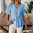 thumbnail image 6 of Mifsaly Womens Peplum Tops V Neck Puff Sleeve Button Down Shirts Ruffle Hem Fitted Waist Summer Casual Elegant Tunic Top Light Blue,XL, 6 of 7