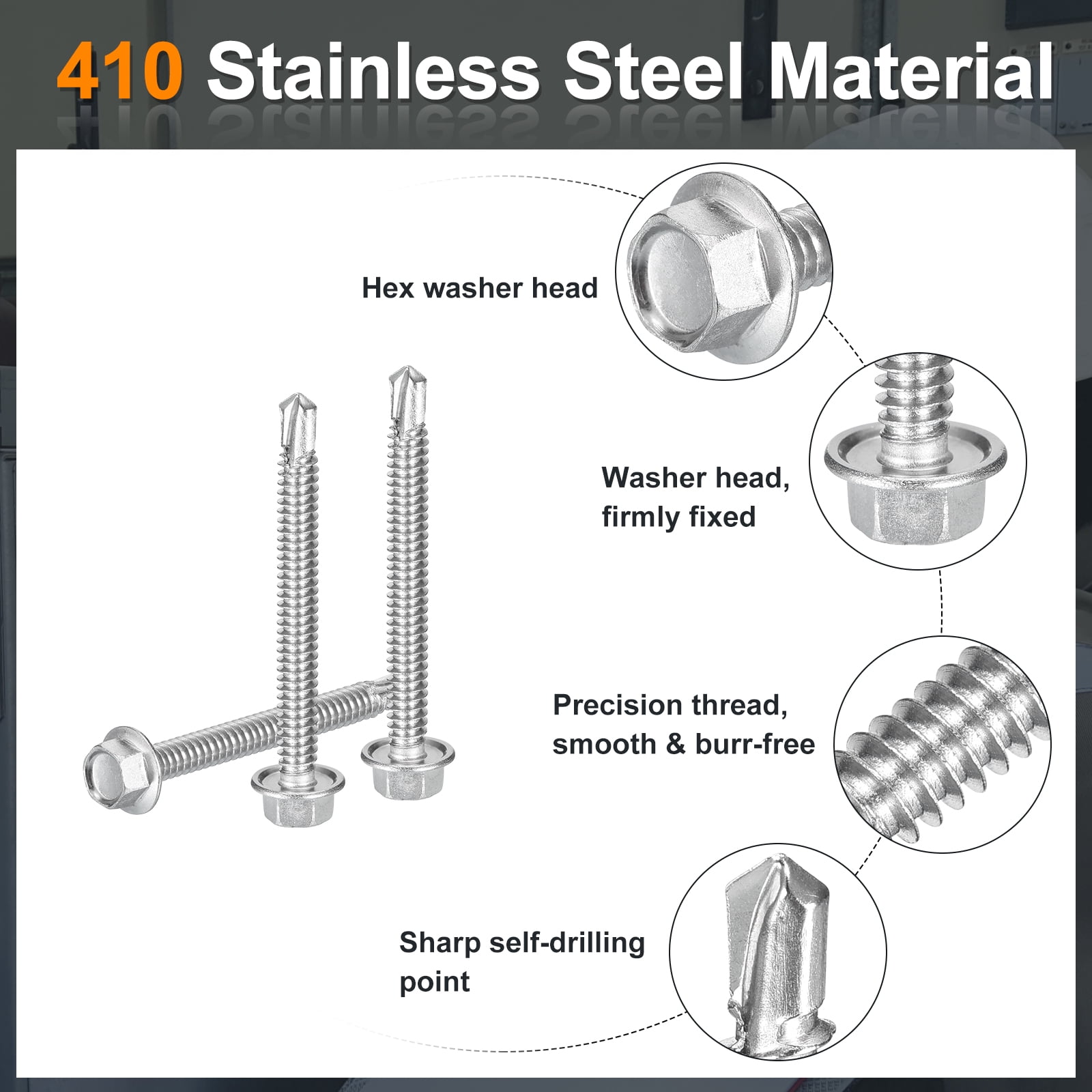 Uxcell 100 Pack #12 x 2" Self Drilling Screws, 410 Stainless Steel Self Tapping Screws for Metal, Hex Washer Head Sheet Metal