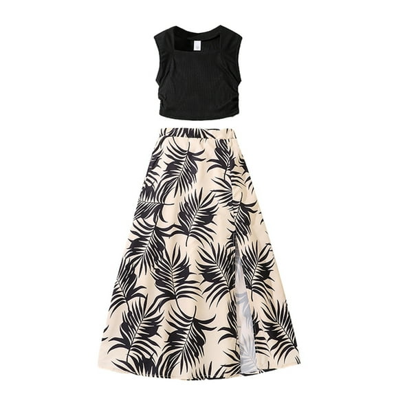 BULLPIANO Girl's 2 Piece Summer Outfits Knitted Sleeveless Cami Top with Tropical Print Skirt Set Kids Summer Clothes