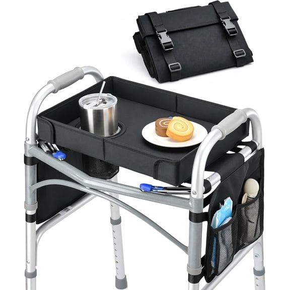 Folding Walker Tray with Cup Holder & Side Pockets, Spill-Proof Dining Tray for Rolling Walkers