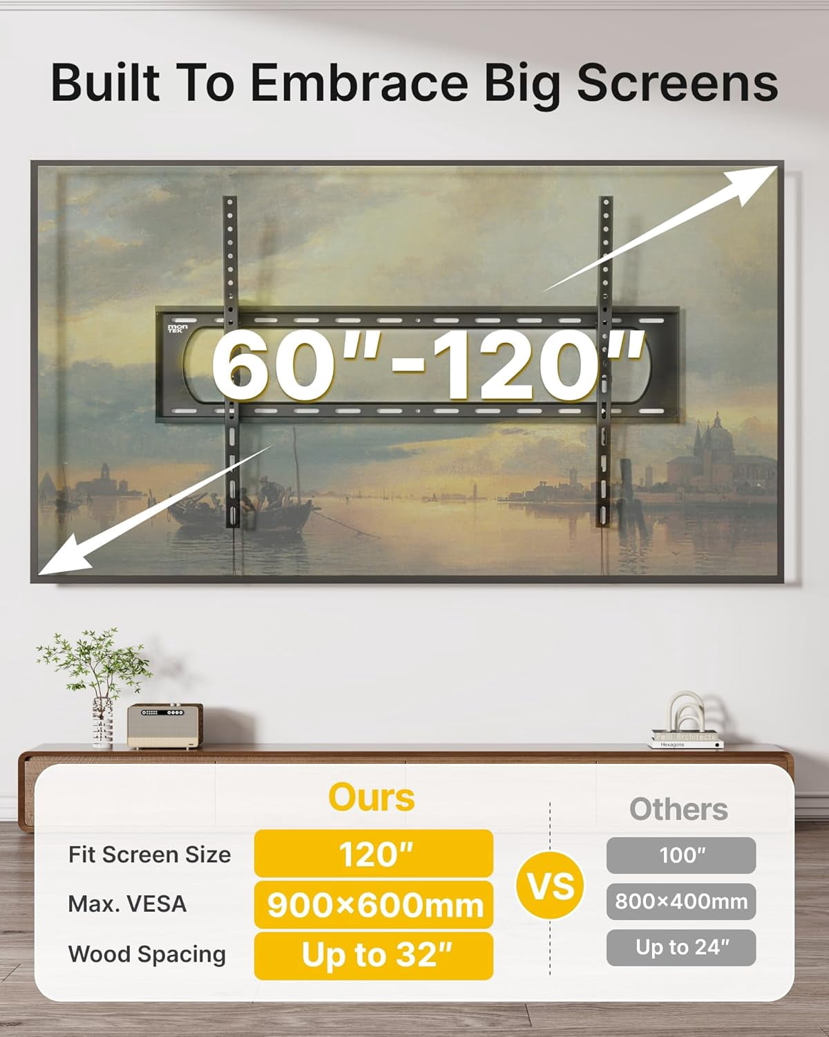 monTEK Heavy Duty Tilting TV Wall Mount for 60–120" TVs – 10° Tool-Free Tilt, Low Profile 3.1" Slim Bracket, Supports Up to 300 lb, Fits 16"/18"/24" Studs, Max VESA 900x600