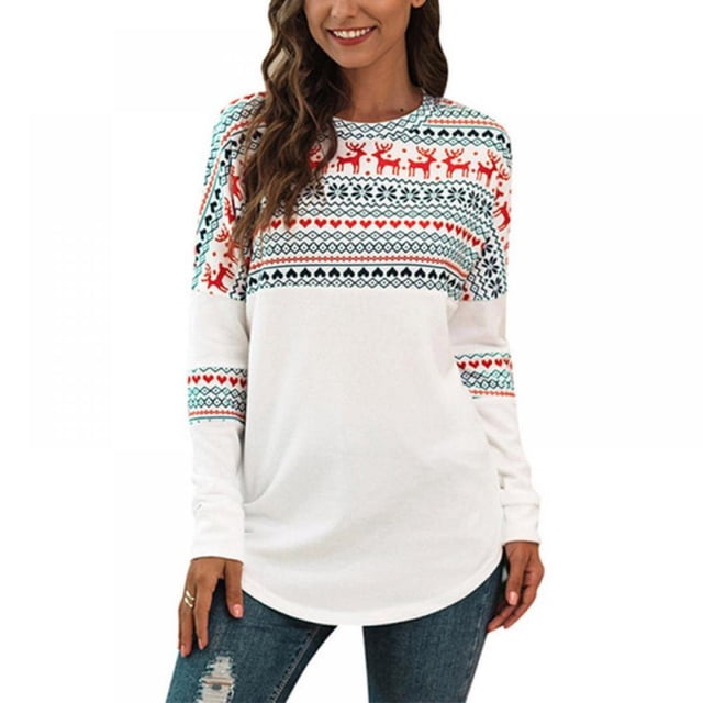 Women Christmas Print Tops Femael Long Sleeve O-neck Splicing Tee Spring Autumn Slim Tops