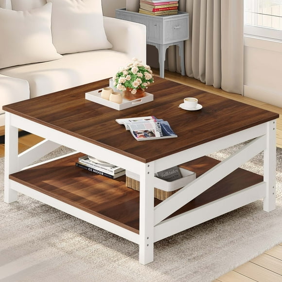 Coffee Table with Storage, Farmhouse Cocktail Center Table for Living Room, Brown and White