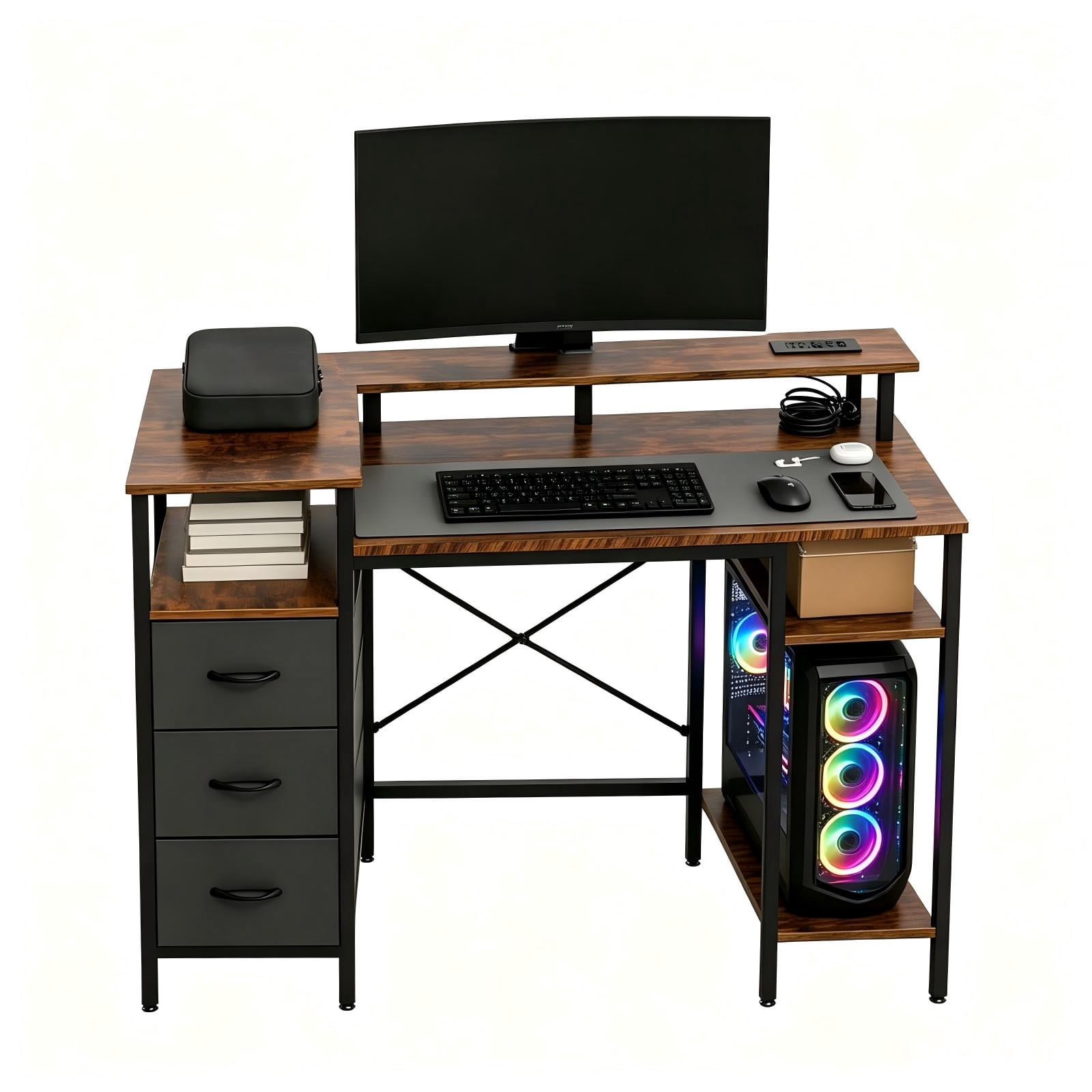 3-Drawer 4-Shelf Computer Desk with Power Strip, 47.2 x 18.8 x 34.7 in, Rotten Wood