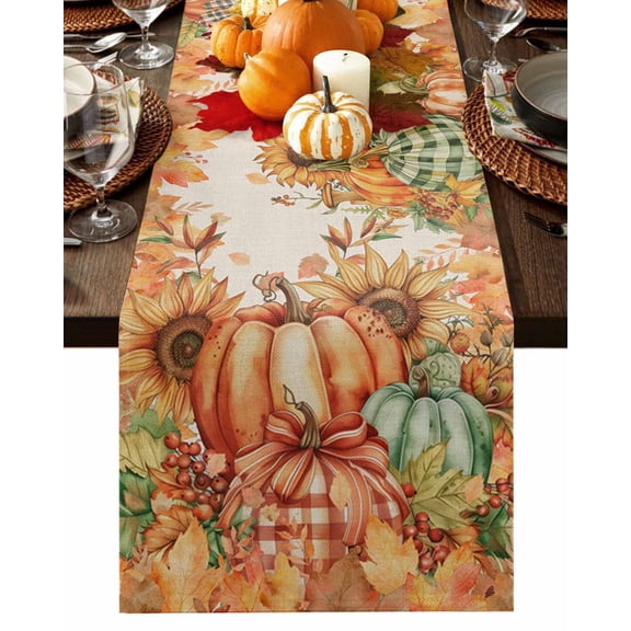 Fall Table Runner Thanksgiving Maple Leaf Berry Sunflower Table Runners Pumpkins Cotton Linen Dresser Scarf Kitchen Dining Table Decor for Fall Holiday Party Decor 13x72 Inch