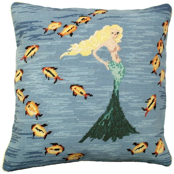 Throw Pillow Needlepoint Mermaid 18x18 Deep Blue Wool Cotton Velvet Back
