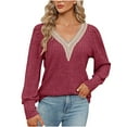 thumbnail image 2 of Tawop Women Shirts Womens T Shirts Long Sleeve Loose V Neck Lace Red L(Us:8), 2 of 7