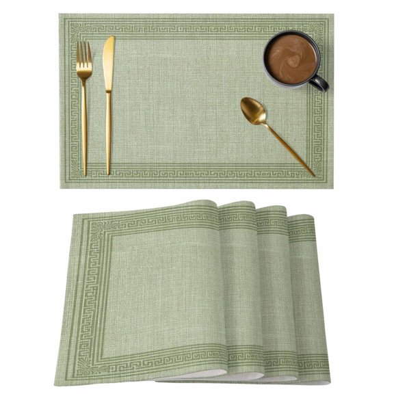 Sage Green Abstract Art Placemats Set of 8, Vintage Linen Greek Key Geometric Non-Slip Place Mats Washable Table Mats for Kitchen Dining Table Decorations Indoor/Outdoor