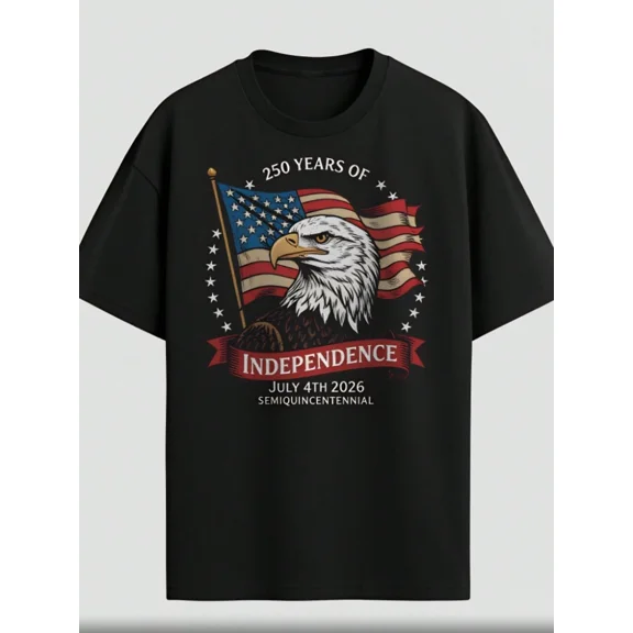 250 Years of Independence July 4th 2026 Semiquincentennial Patriotic Bald Eagle American Flag Men's Unisex Black Graphic T-Shirt