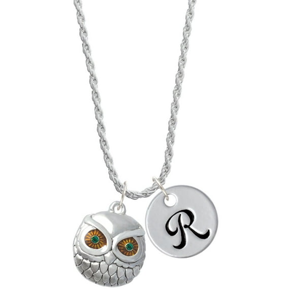 Delight Jewelry Silvertone Large Round Owl with Green Crystal Eyes Silvertone Script Initial Disc - R - Charm Necklace, 20"+3"