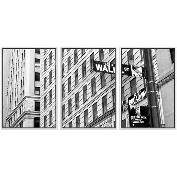 wall26 - 3 Piece Framed Canvas Wall Art - Sign on Wall Street in New York City - Modern Home Art Stretched and Framed Ready to Hang - 16"x24"x3 White