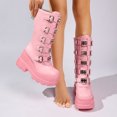 thumbnail image 6 of SACFOF Women's Pink Platform Boots Wedge Combat Gothic Chunky Heel Mid Calf Punk Motorcycle Shoes, 6 of 6